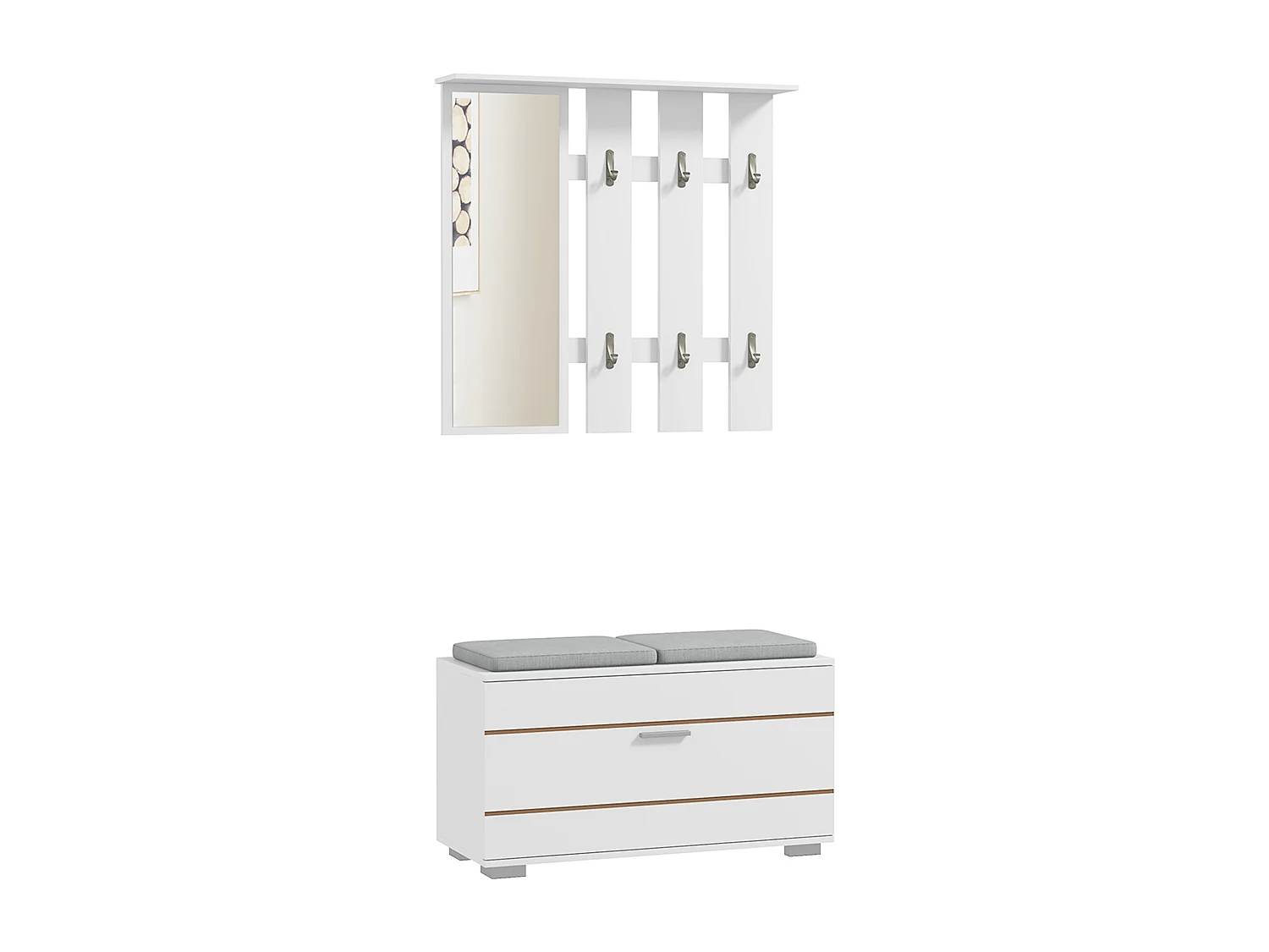 Set da ingresso con appendiabiti specchio panca e scarpiera bianco