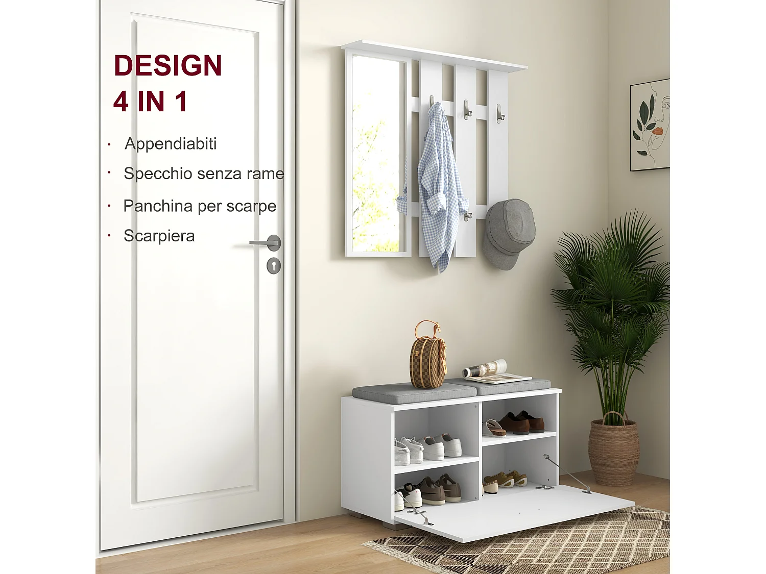 Set da ingresso con appendiabiti specchio panca e scarpiera bianco