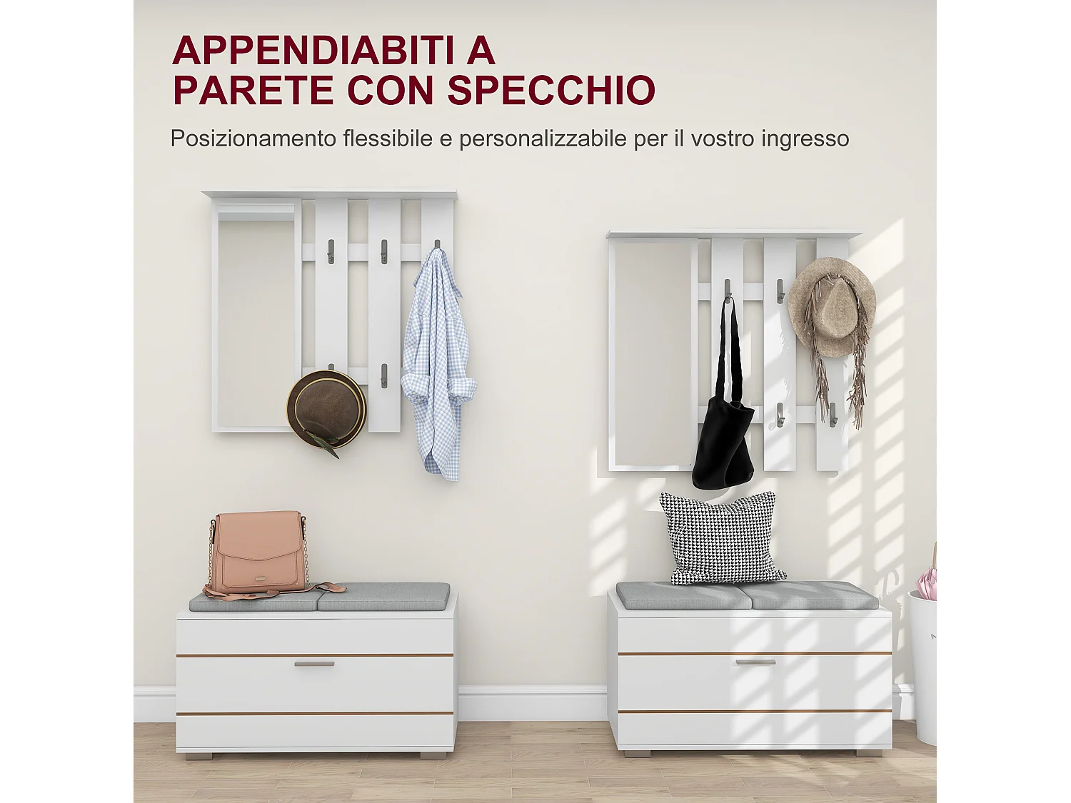 Set da ingresso con appendiabiti specchio panca e scarpiera bianco