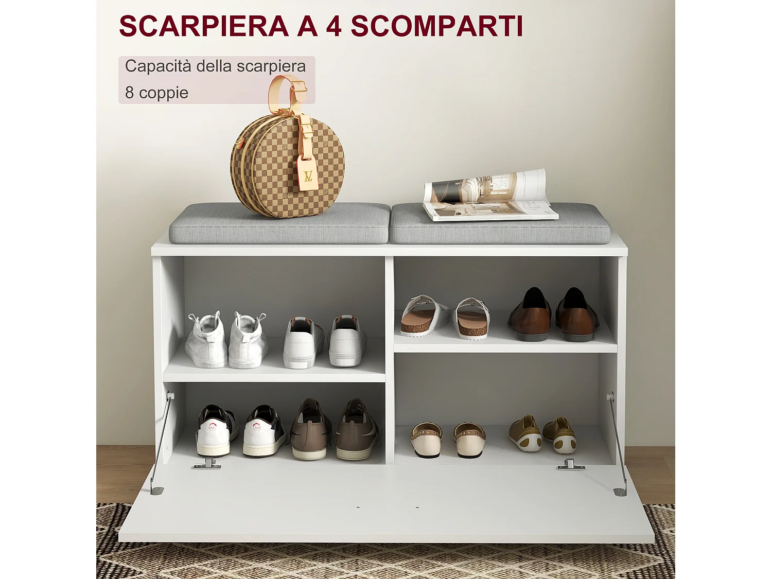 Set da ingresso con appendiabiti specchio panca e scarpiera bianco