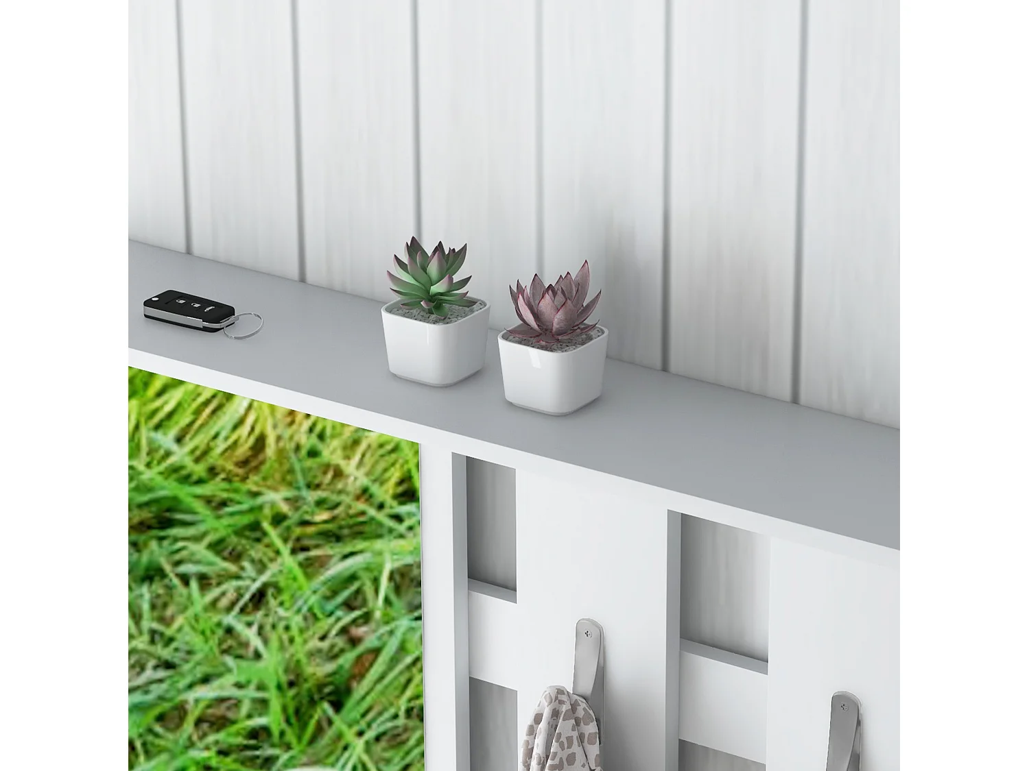 Set da ingresso con appendiabiti specchio panca e scarpiera bianco