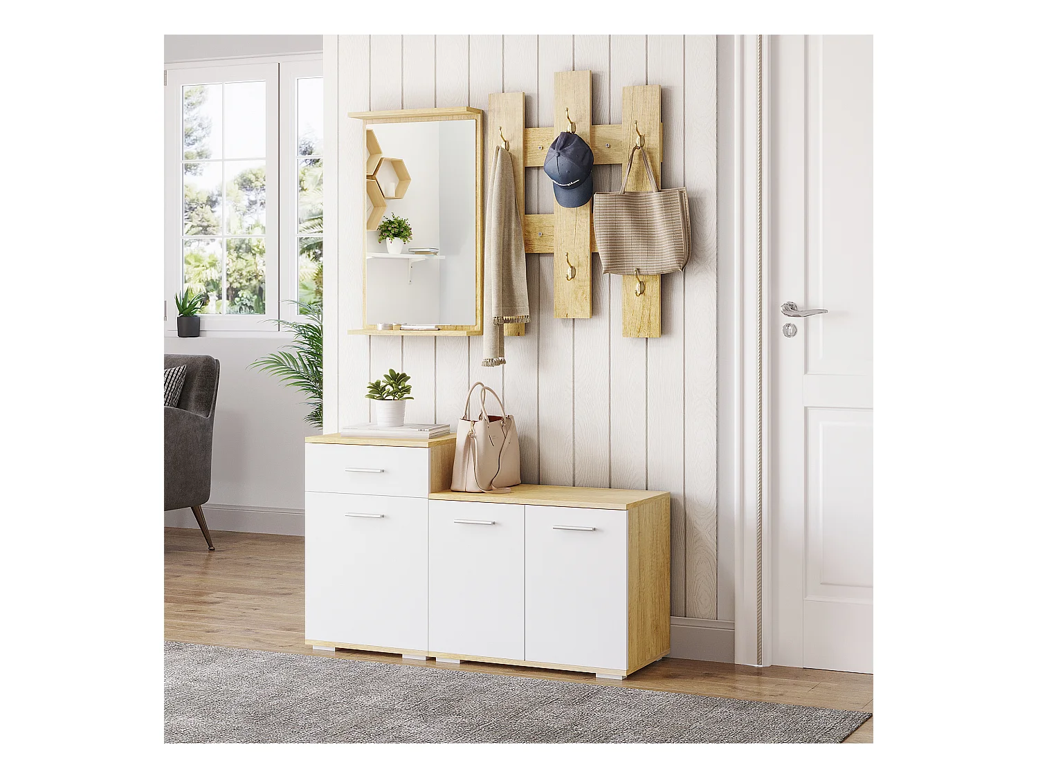 Set da ingresso con appendiabiti specchio e panca scarpiera