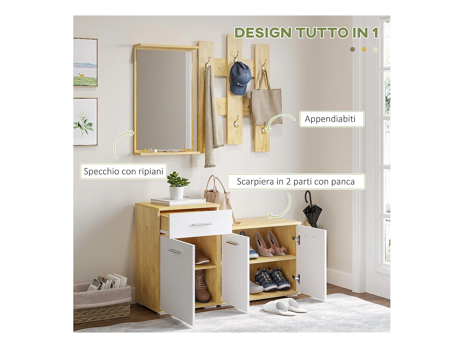 Set da ingresso con appendiabiti specchio e panca scarpiera