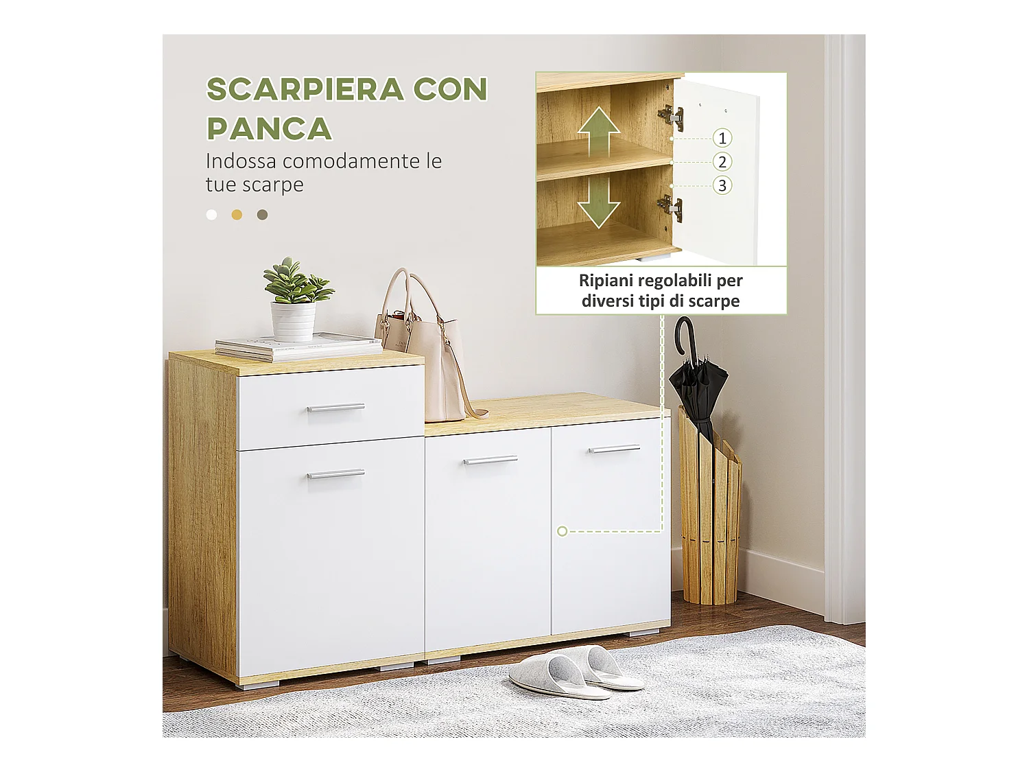 Set da ingresso con appendiabiti specchio e panca scarpiera