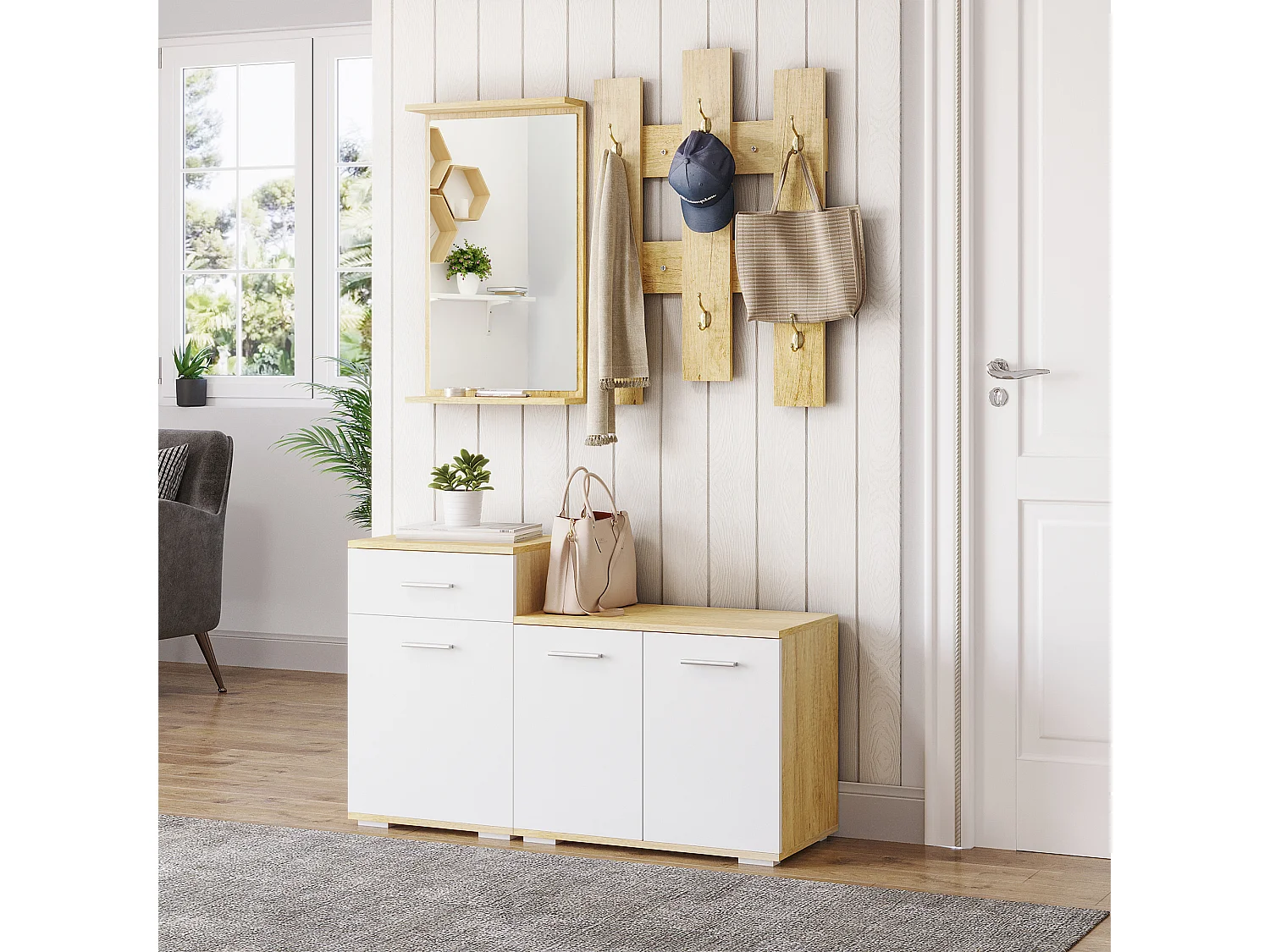 Set da ingresso con appendiabiti specchio e panca scarpiera