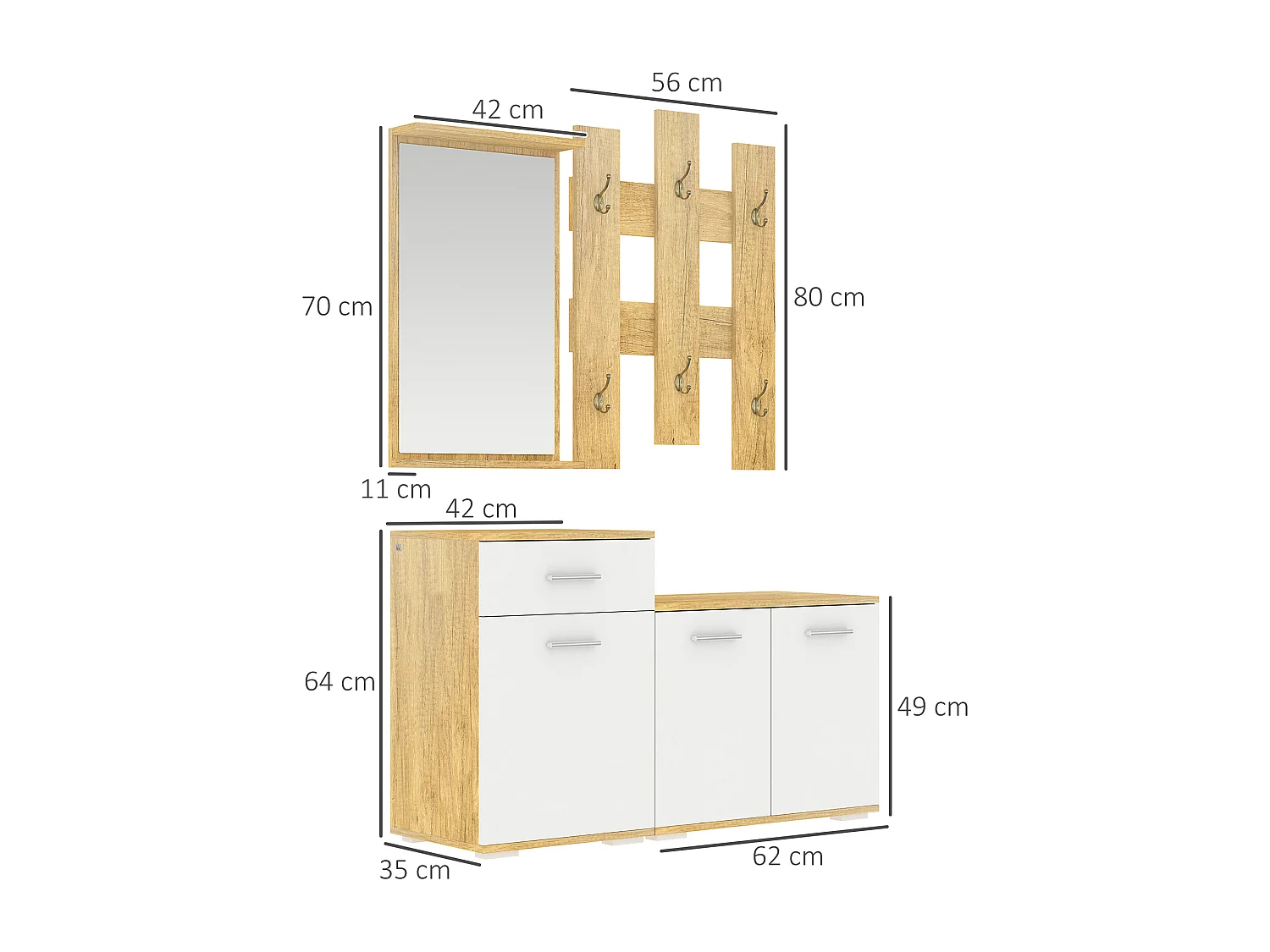 Set da ingresso con appendiabiti specchio e panca scarpiera