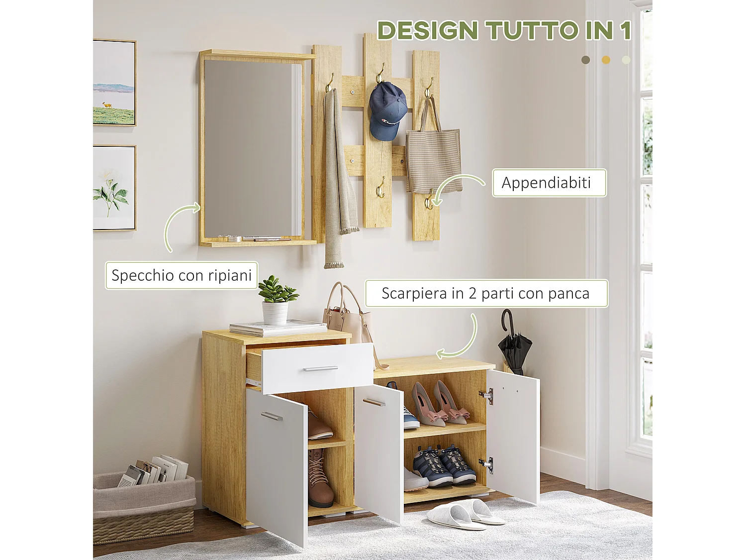 Set da ingresso con appendiabiti specchio e panca scarpiera