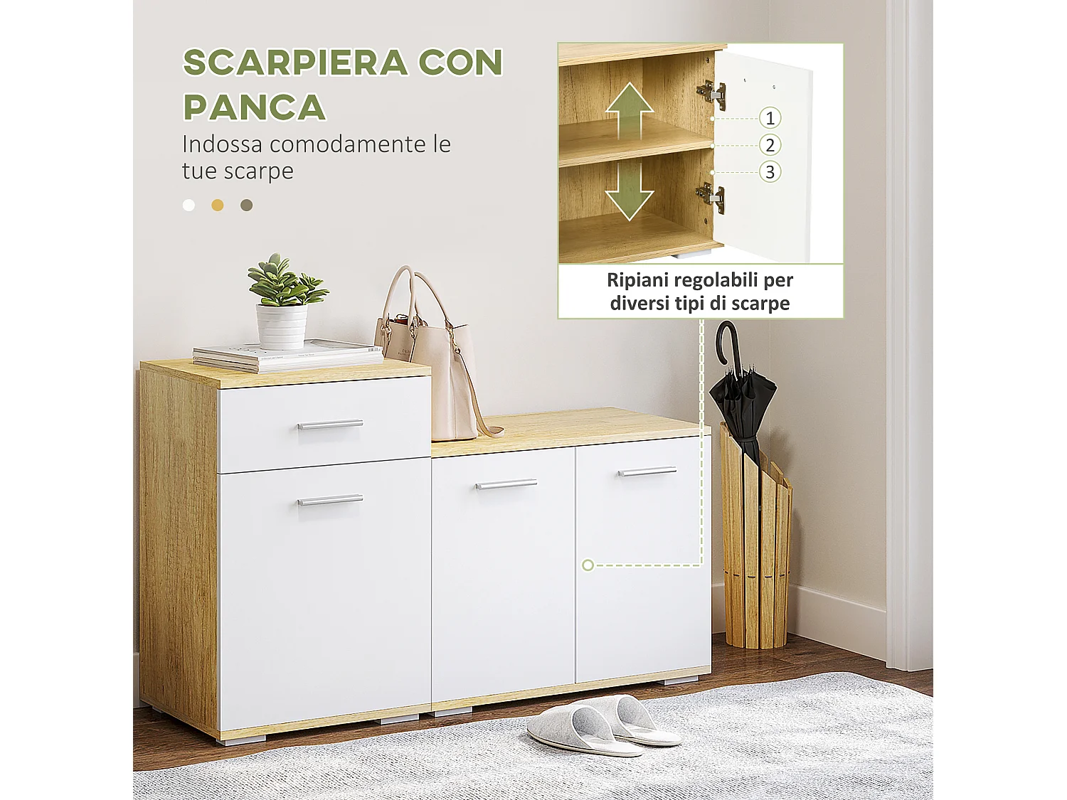 Set da ingresso con appendiabiti specchio e panca scarpiera