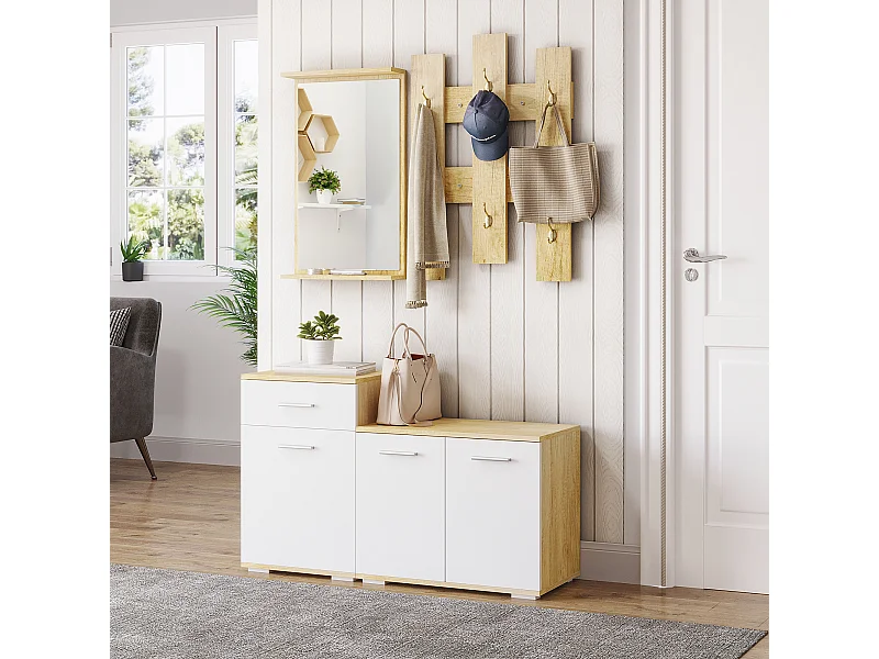 Set da ingresso con appendiabiti specchio e panca scarpiera