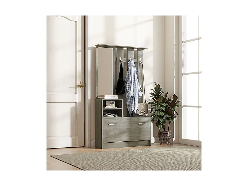 Set da ingresso con appendiabiti specchio e panca scarpiera grigio