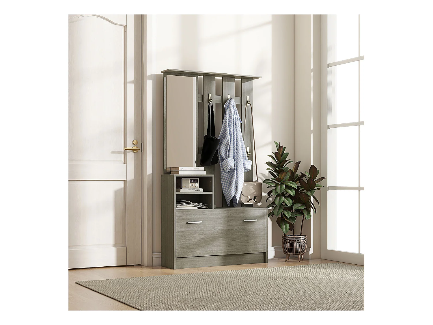 Set da ingresso con appendiabiti specchio e panca scarpiera grigio