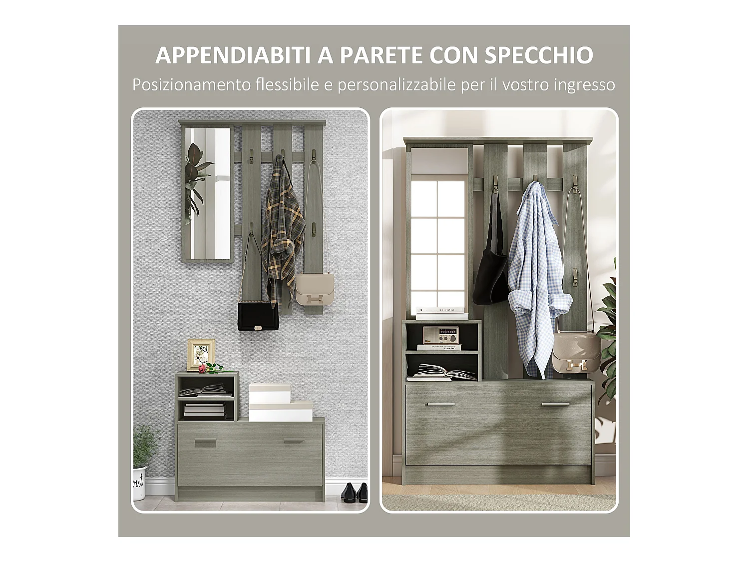 Set da ingresso con appendiabiti specchio e panca scarpiera grigio