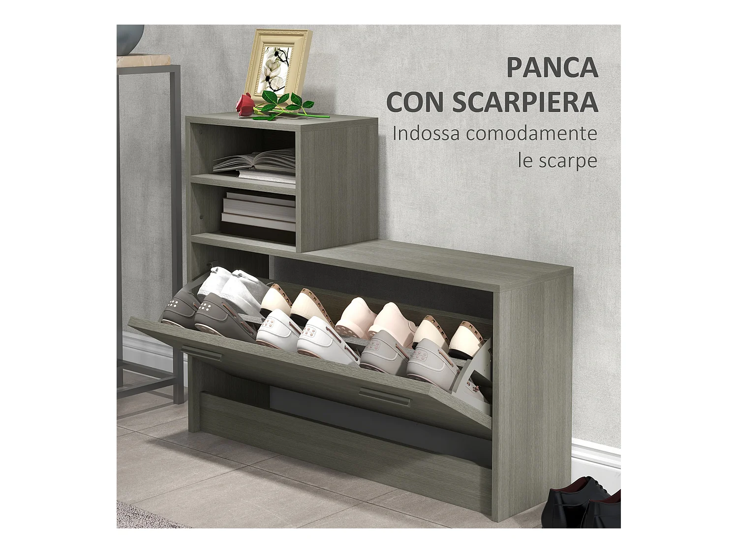 Set da ingresso con appendiabiti specchio e panca scarpiera grigio