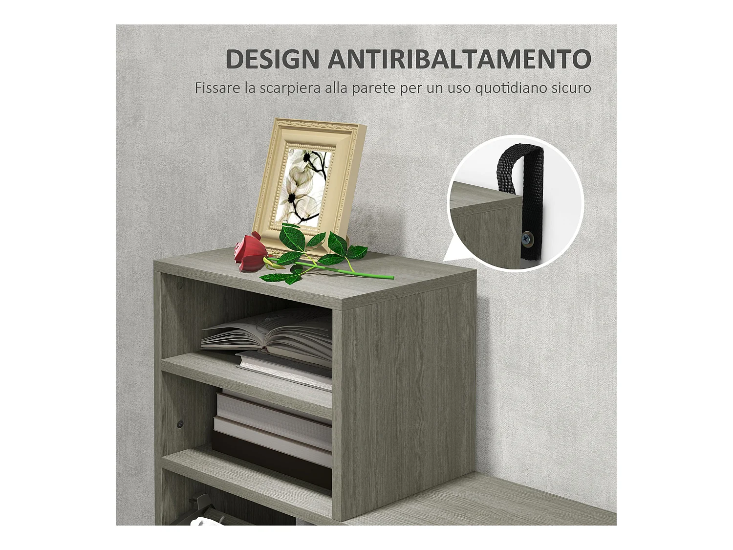 Set da ingresso con appendiabiti specchio e panca scarpiera grigio