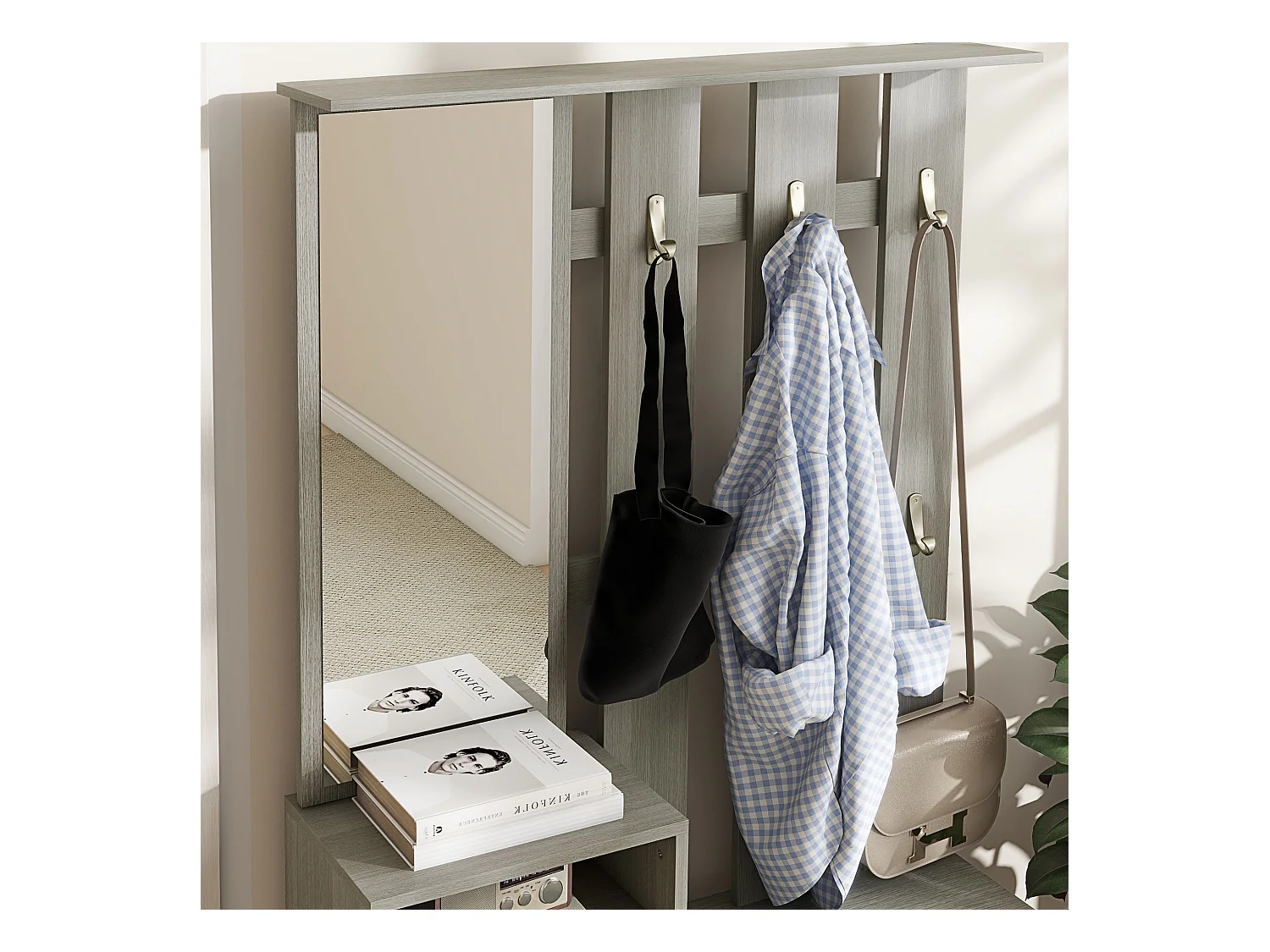 Set da ingresso con appendiabiti specchio e panca scarpiera grigio