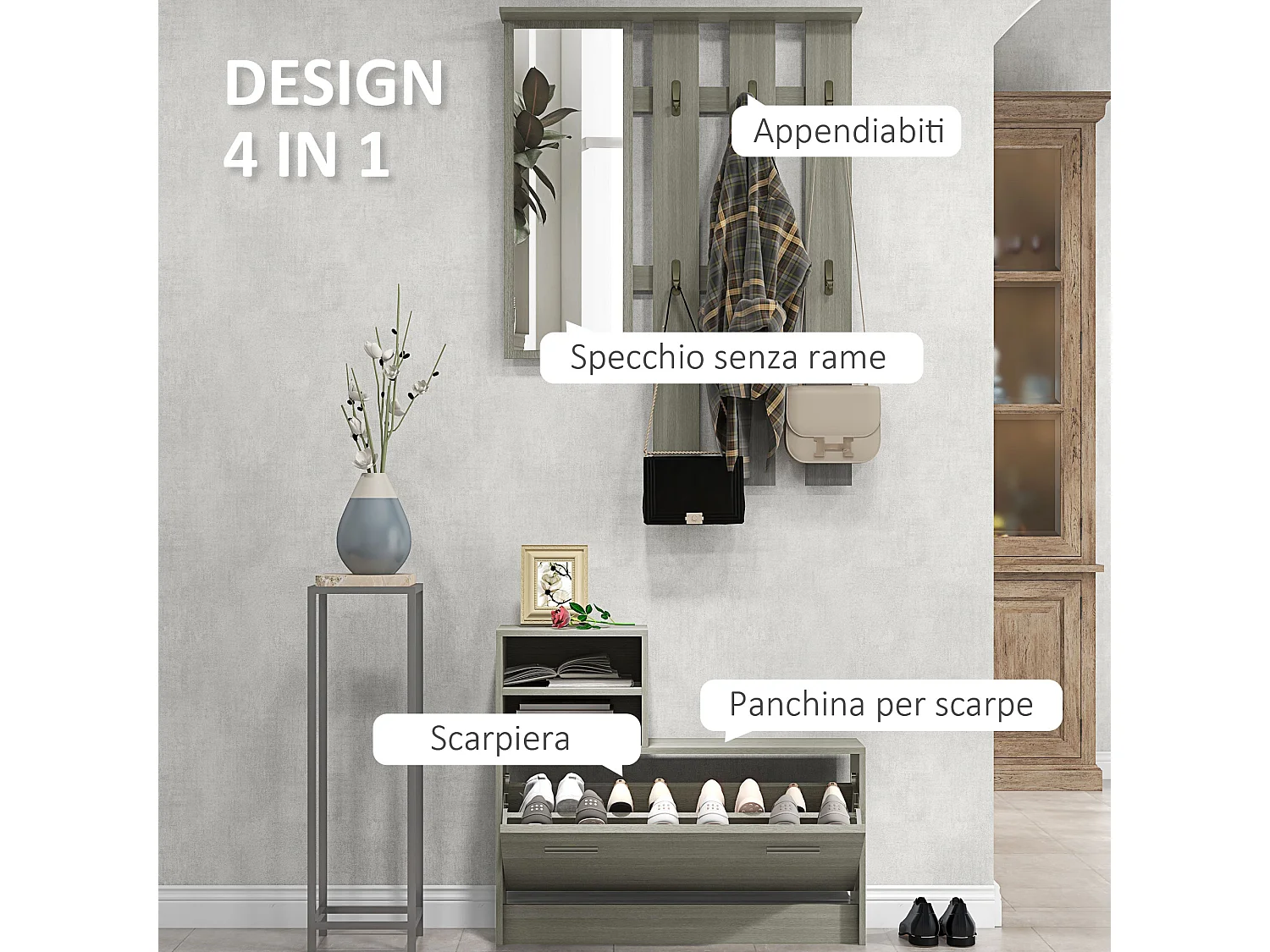 Set da ingresso con appendiabiti specchio e panca scarpiera grigio