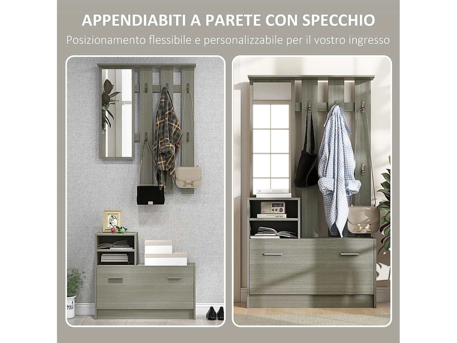 Set da ingresso con appendiabiti specchio e panca scarpiera grigio