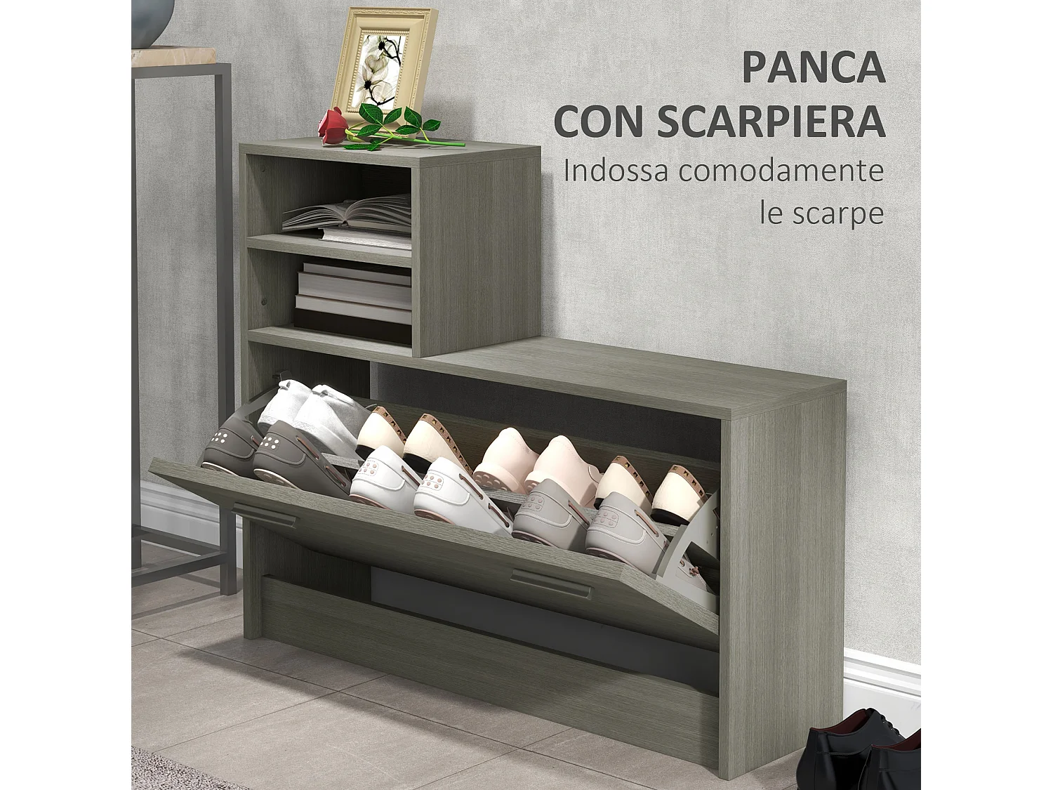 Set da ingresso con appendiabiti specchio e panca scarpiera grigio