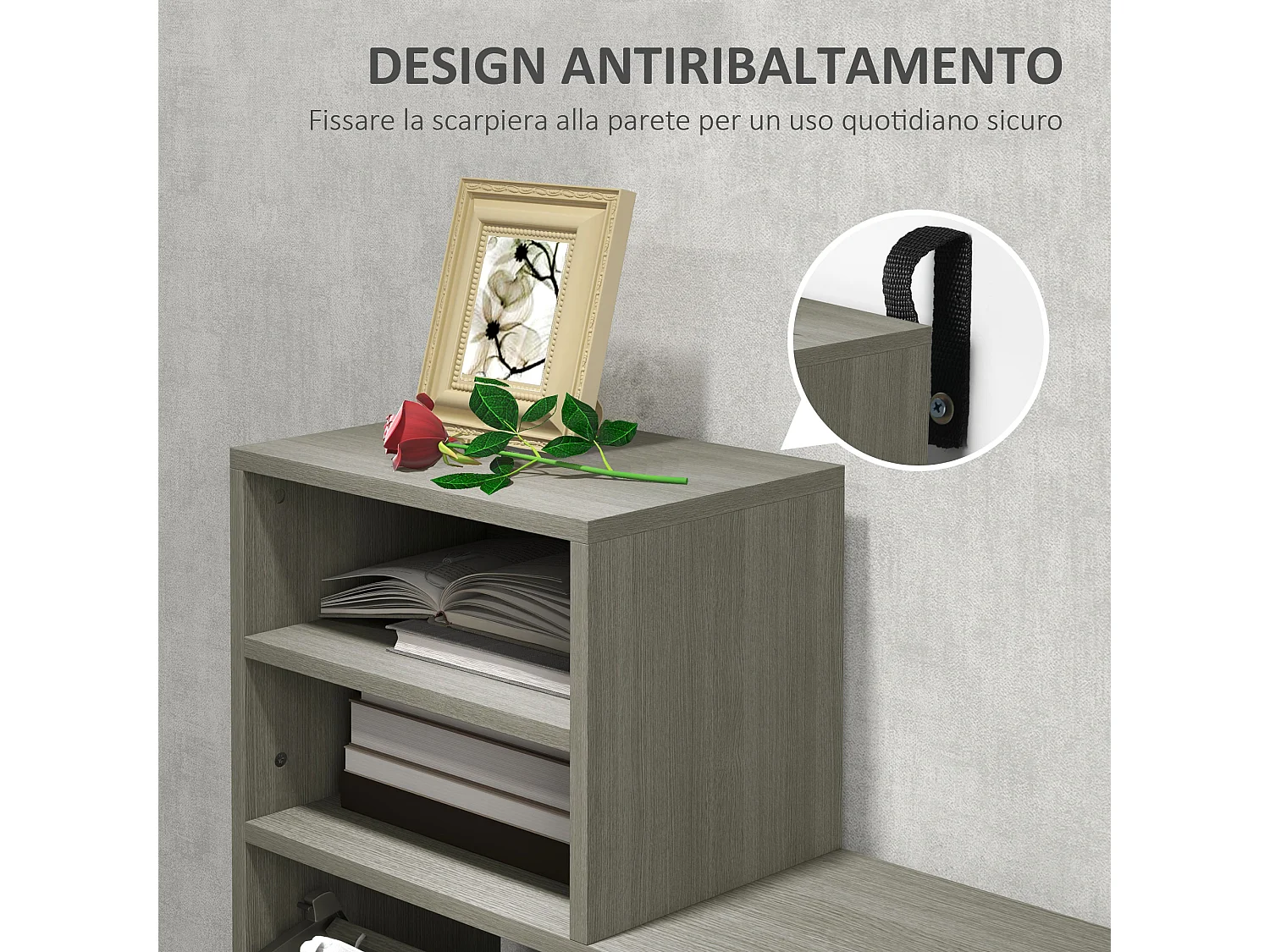 Set da ingresso con appendiabiti specchio e panca scarpiera grigio