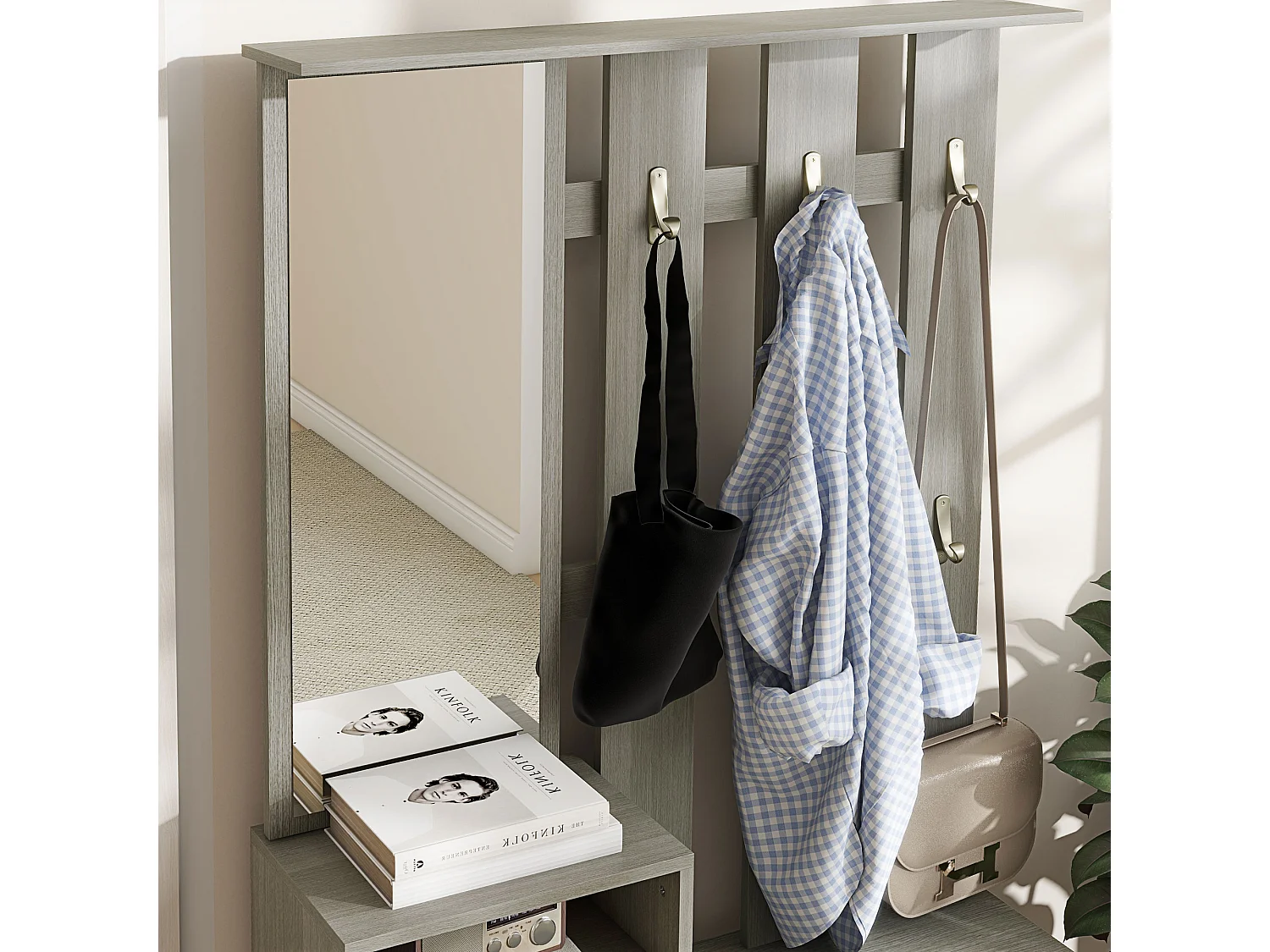 Set da ingresso con appendiabiti specchio e panca scarpiera grigio