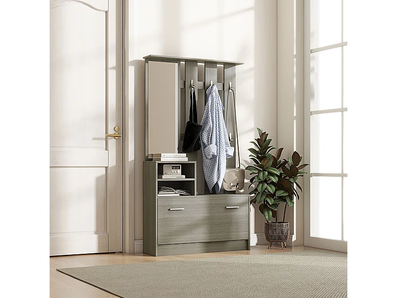 Set da ingresso con appendiabiti specchio e panca scarpiera grigio