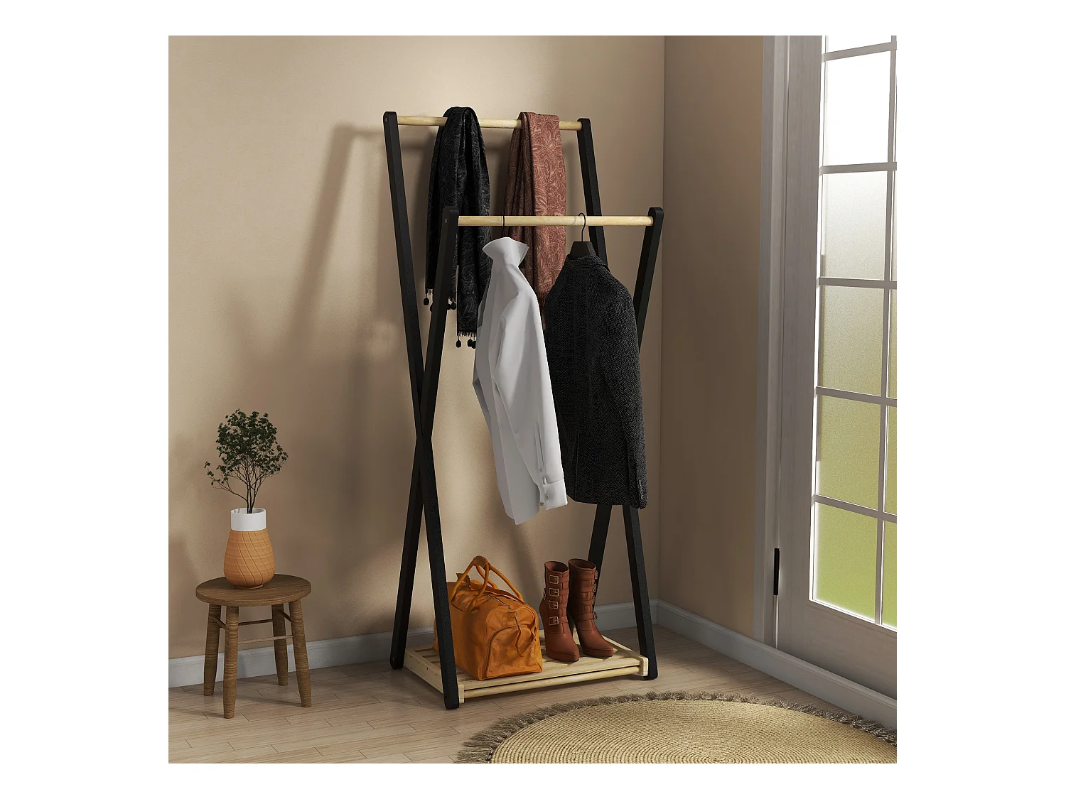 Appendiabiti da terra in legno con 2 barre e ripiano inferiore