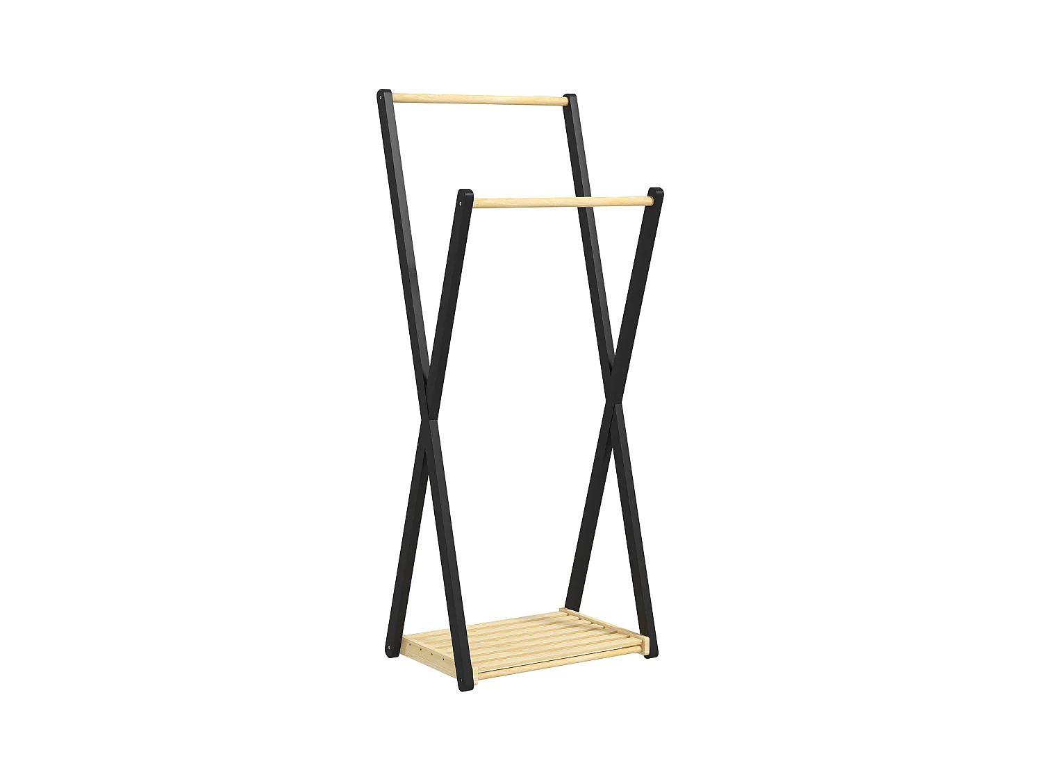 Appendiabiti da terra in legno con 2 barre e ripiano inferiore