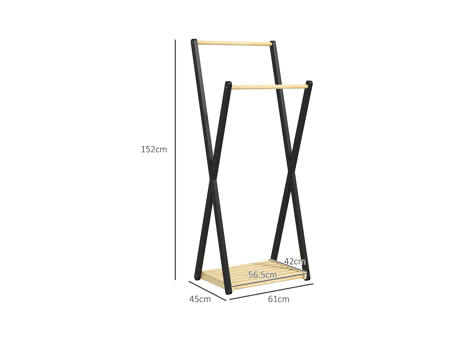 Appendiabiti da terra in legno con 2 barre e ripiano inferiore