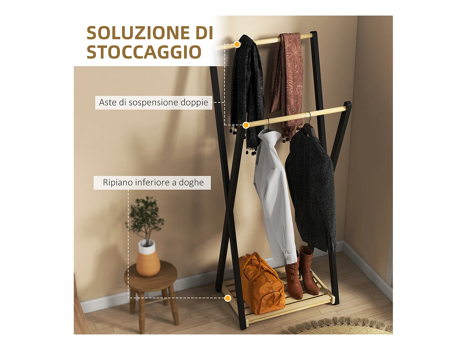 Appendiabiti da terra in legno con 2 barre e ripiano inferiore