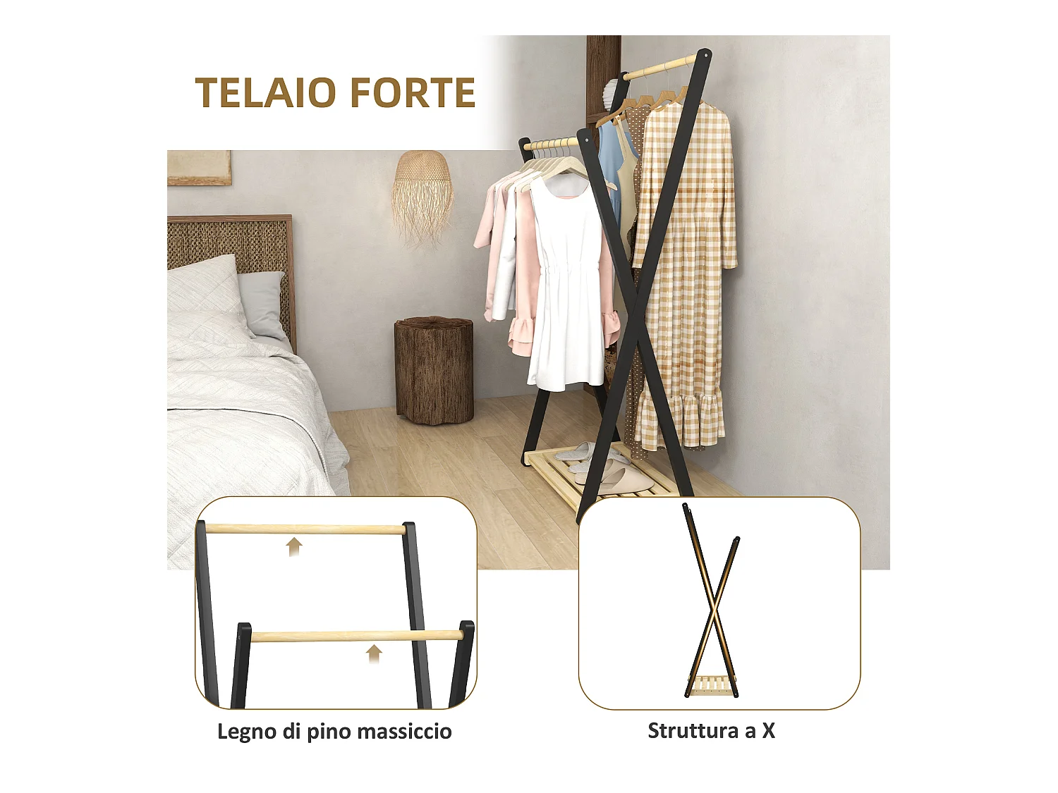 Appendiabiti da terra in legno con 2 barre e ripiano inferiore