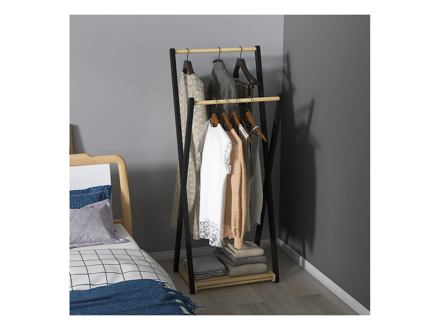 Appendiabiti da terra in legno con 2 barre e ripiano inferiore