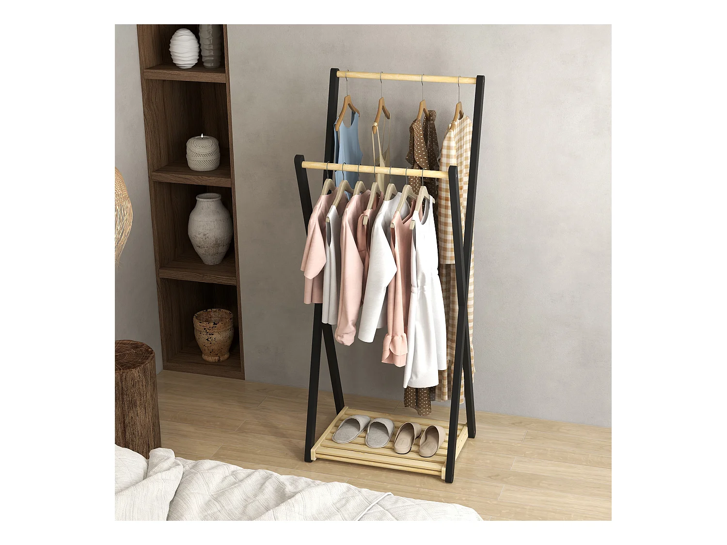 Appendiabiti da terra in legno con 2 barre e ripiano inferiore