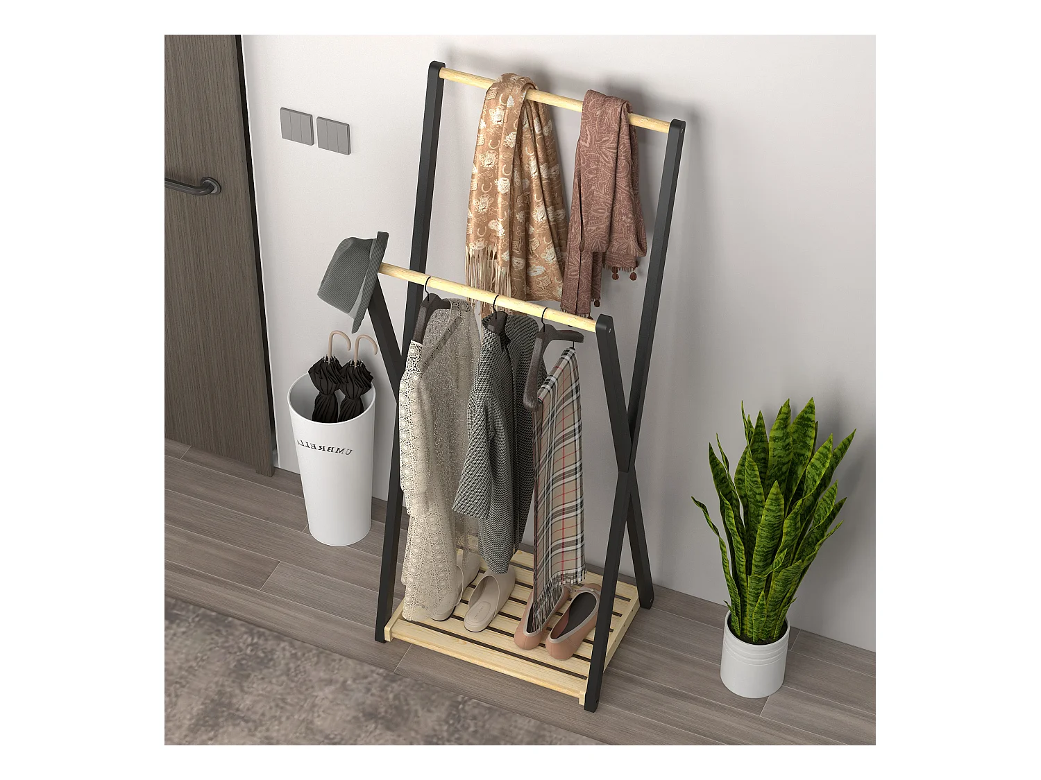Appendiabiti da terra in legno con 2 barre e ripiano inferiore