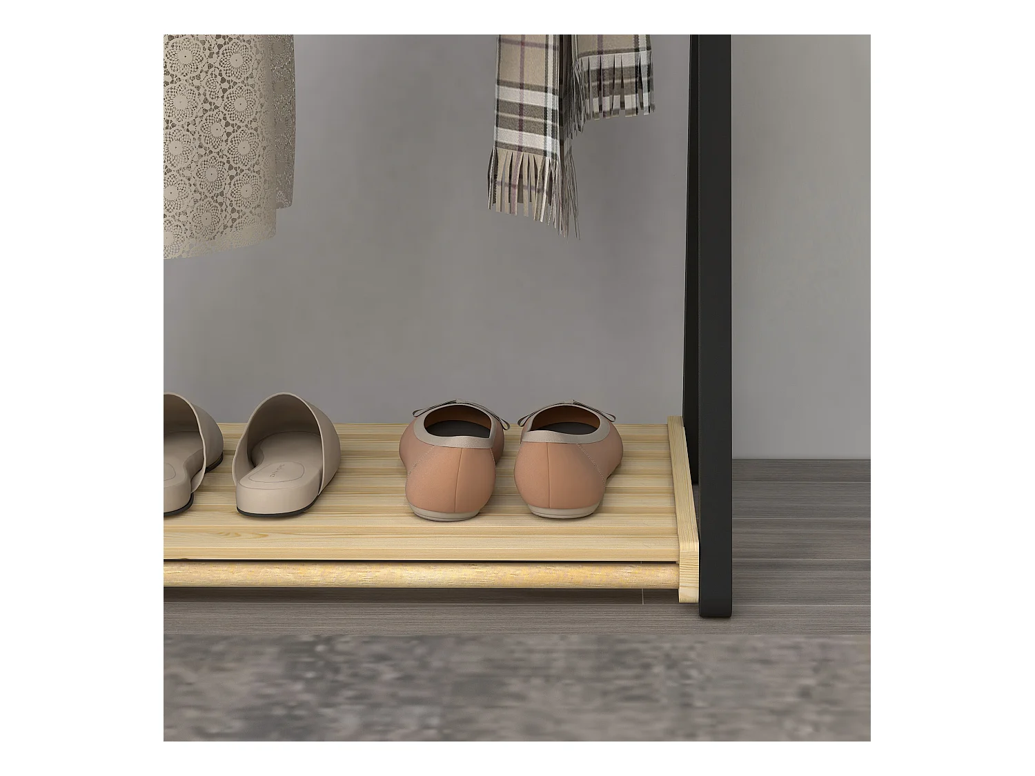 Appendiabiti da terra in legno con 2 barre e ripiano inferiore