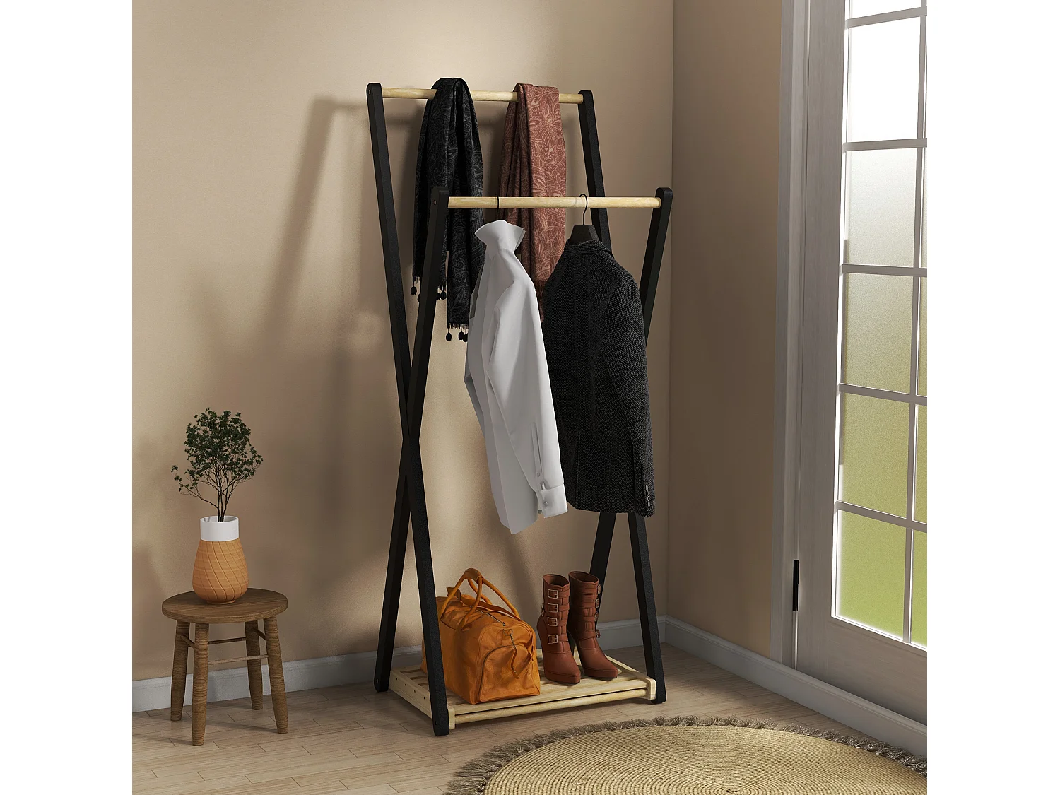 Appendiabiti da terra in legno con 2 barre e ripiano inferiore