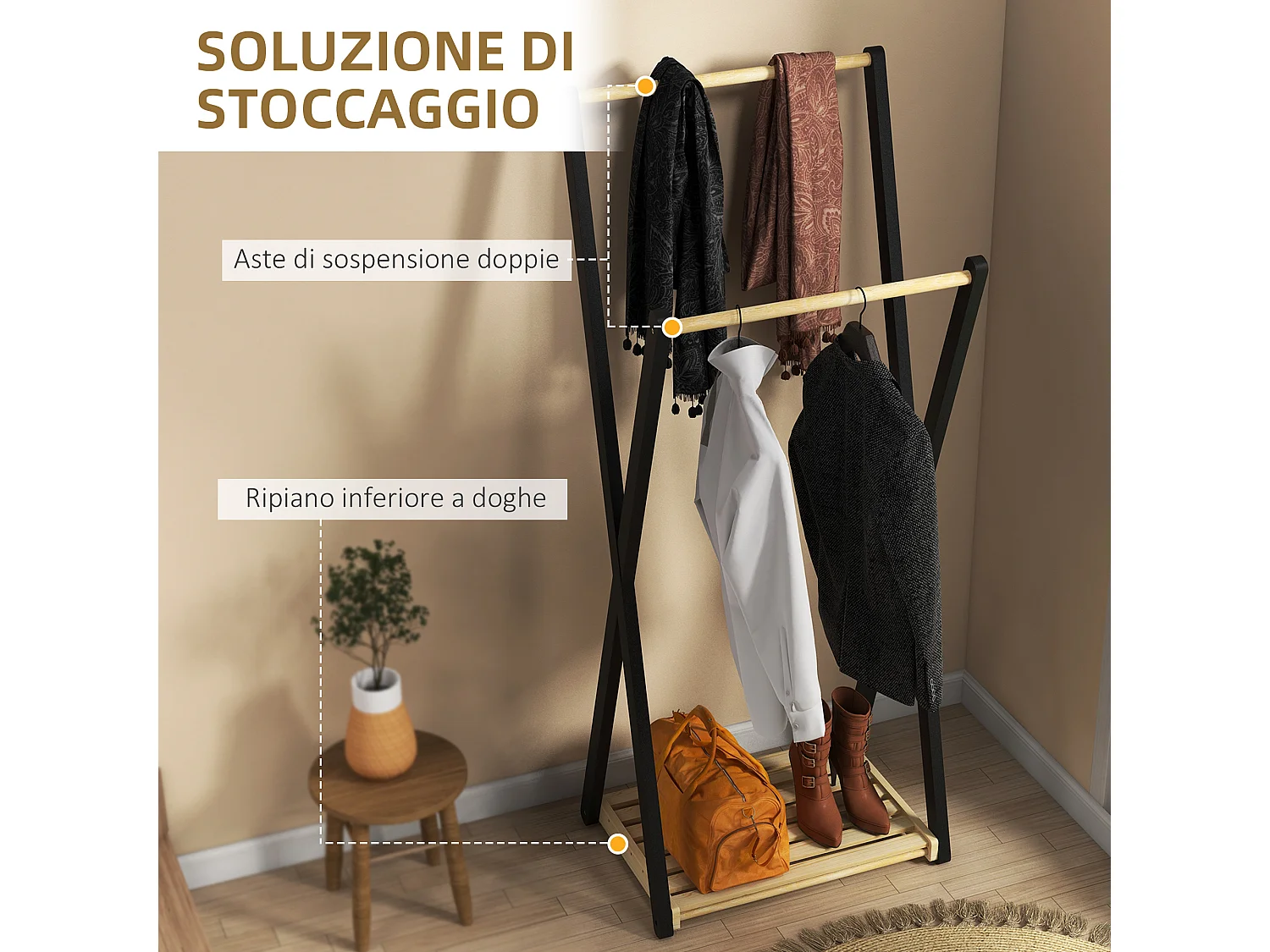 Appendiabiti da terra in legno con 2 barre e ripiano inferiore
