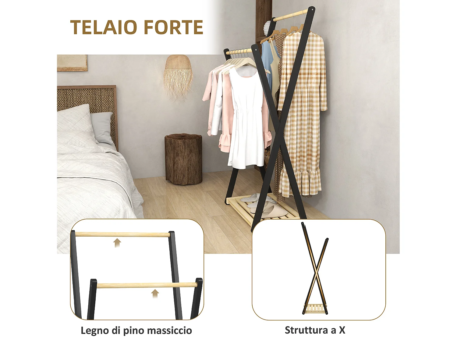 Appendiabiti da terra in legno con 2 barre e ripiano inferiore