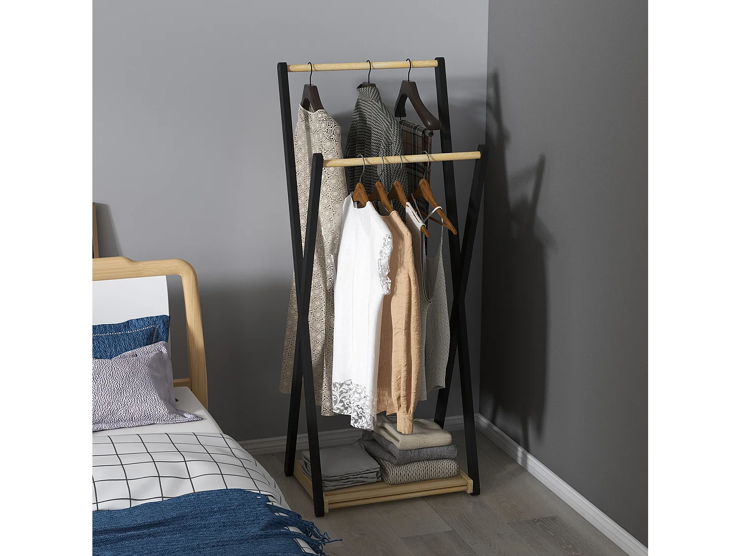 Appendiabiti da terra in legno con 2 barre e ripiano inferiore