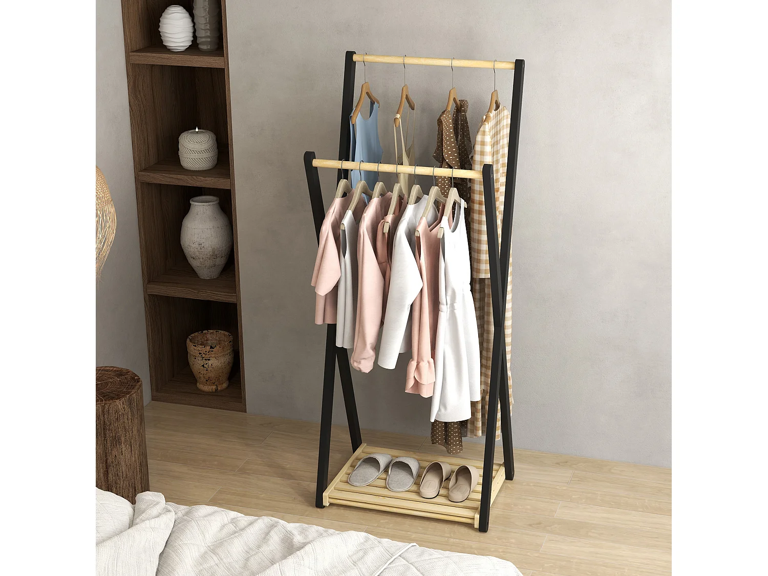 Appendiabiti da terra in legno con 2 barre e ripiano inferiore