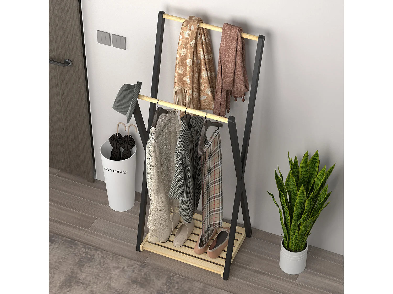 Appendiabiti da terra in legno con 2 barre e ripiano inferiore