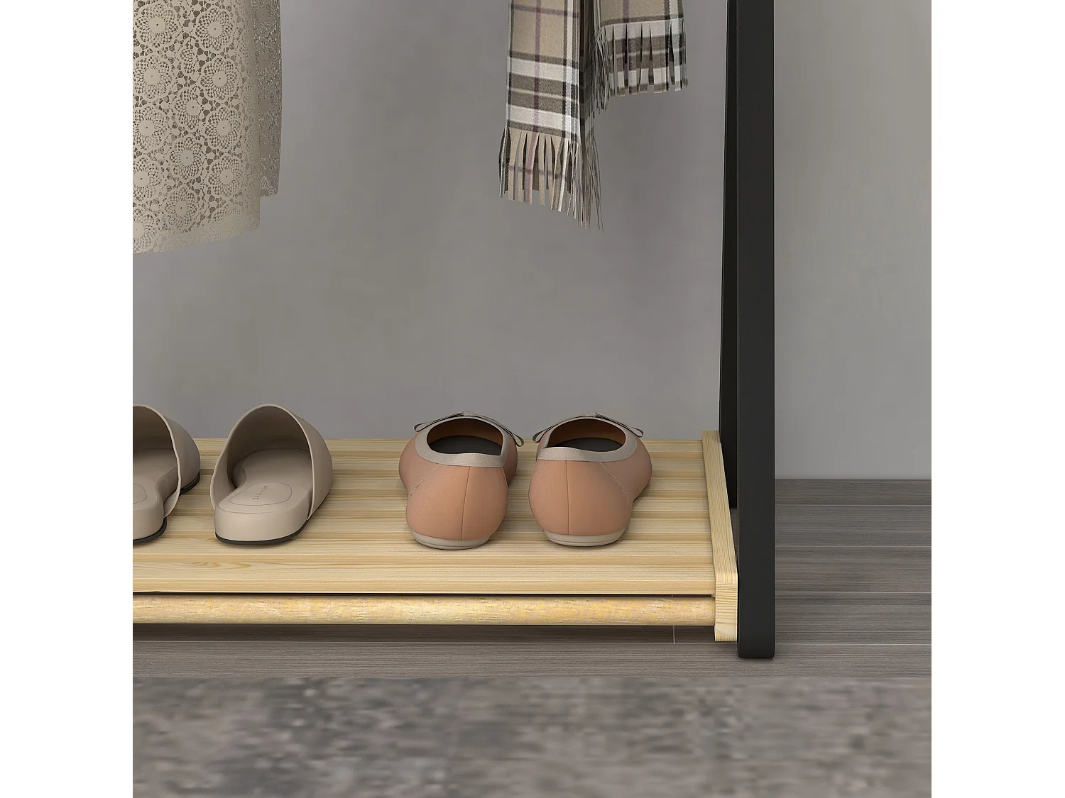 Appendiabiti da terra in legno con 2 barre e ripiano inferiore