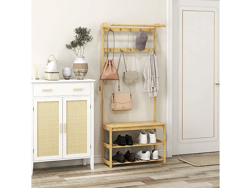 Mobile appendiabiti in bambù con 10 ganci 2 aste e panca scarpiera