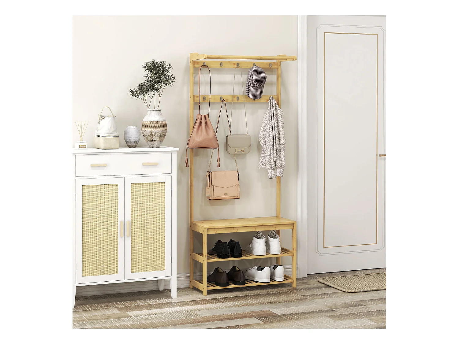 Mobile appendiabiti in bambù con 10 ganci 2 aste e panca scarpiera