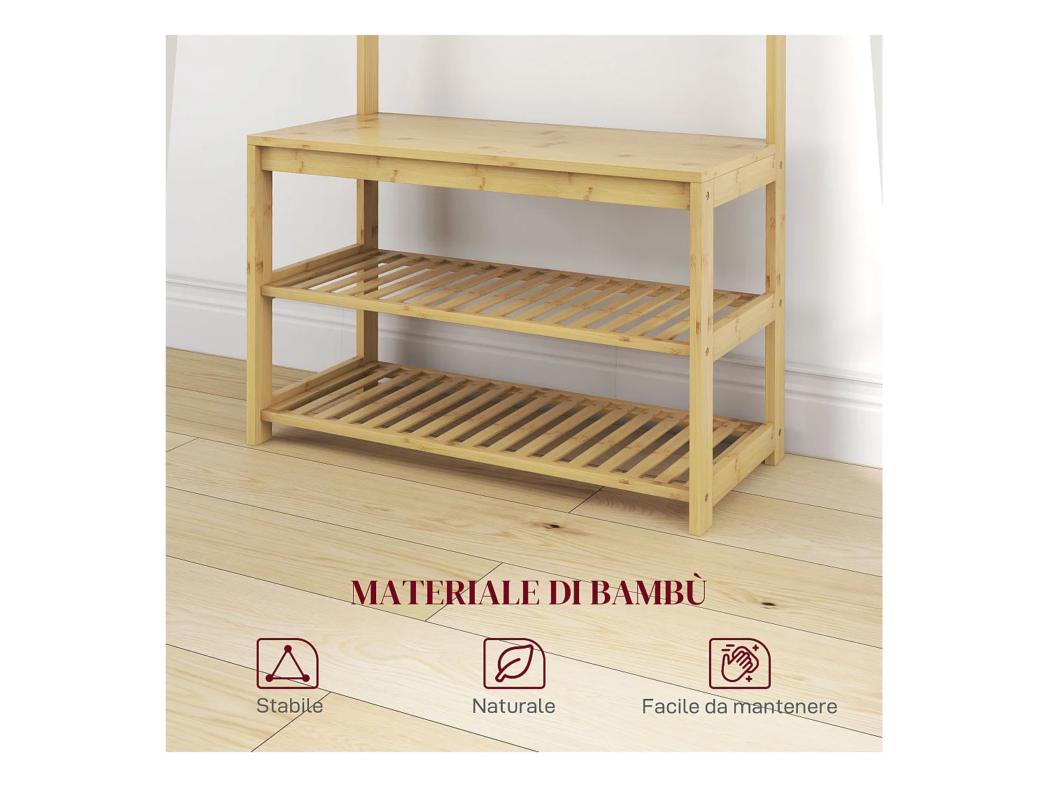Mobile appendiabiti in bambù con 10 ganci 2 aste e panca scarpiera