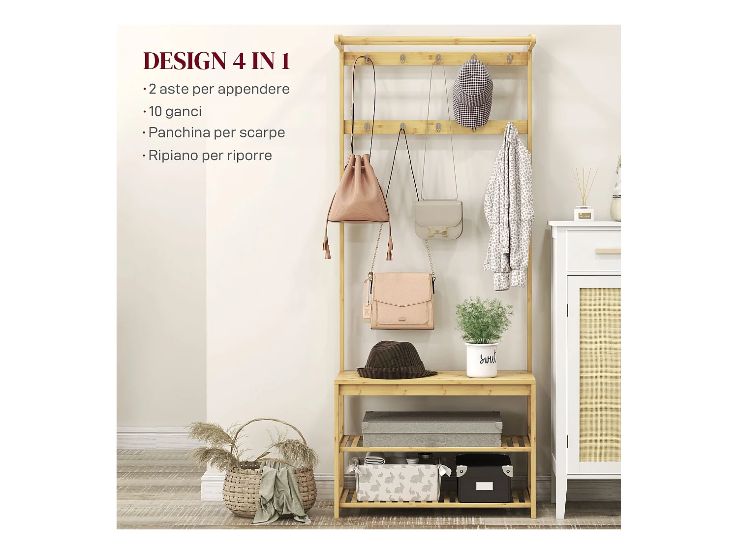 Mobile appendiabiti in bambù con 10 ganci 2 aste e panca scarpiera