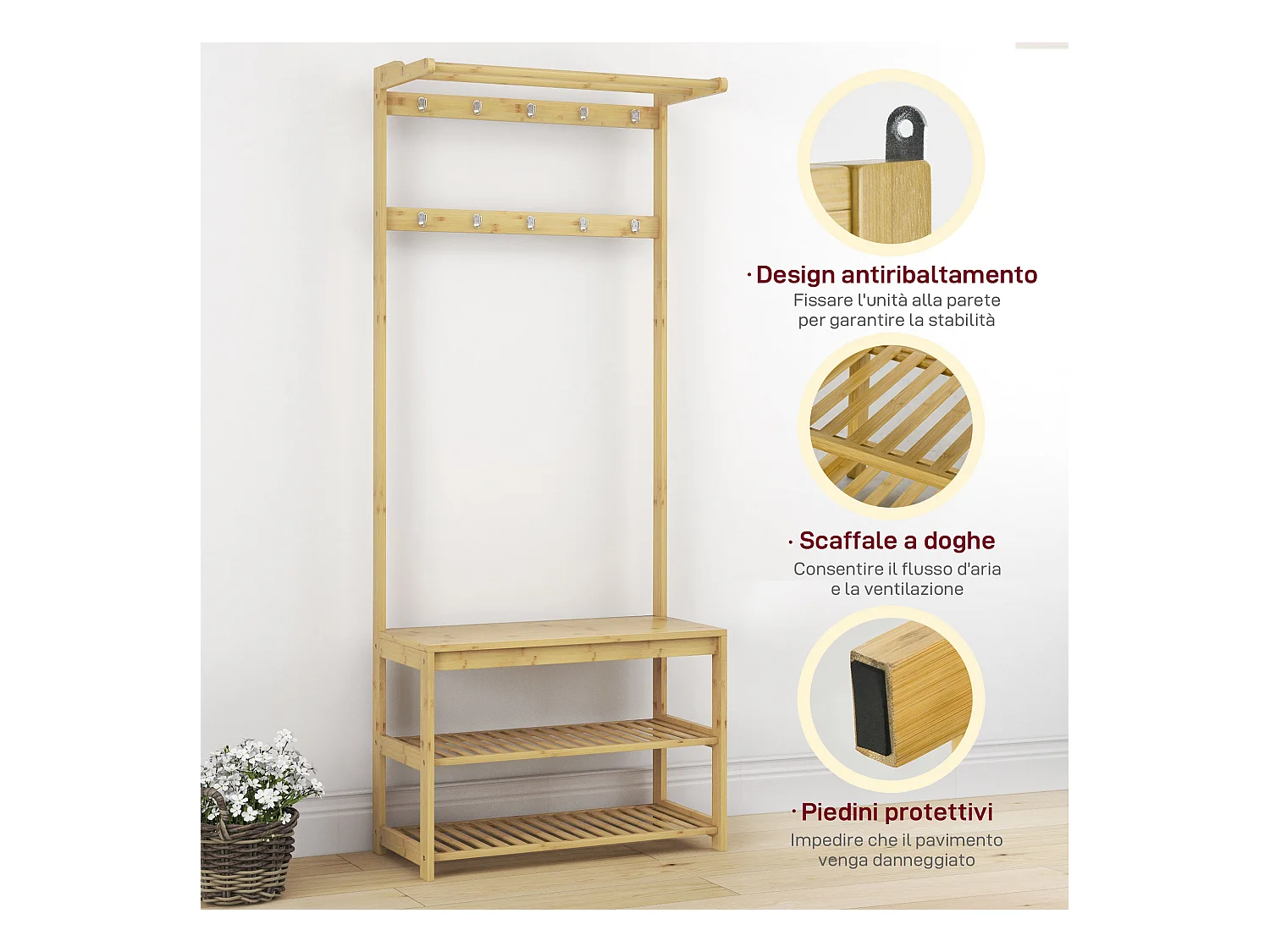 Mobile appendiabiti in bambù con 10 ganci 2 aste e panca scarpiera
