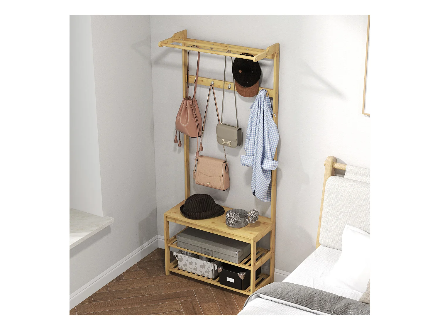 Mobile appendiabiti in bambù con 10 ganci 2 aste e panca scarpiera