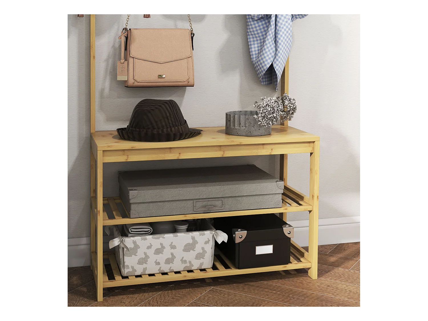 Mobile appendiabiti in bambù con 10 ganci 2 aste e panca scarpiera