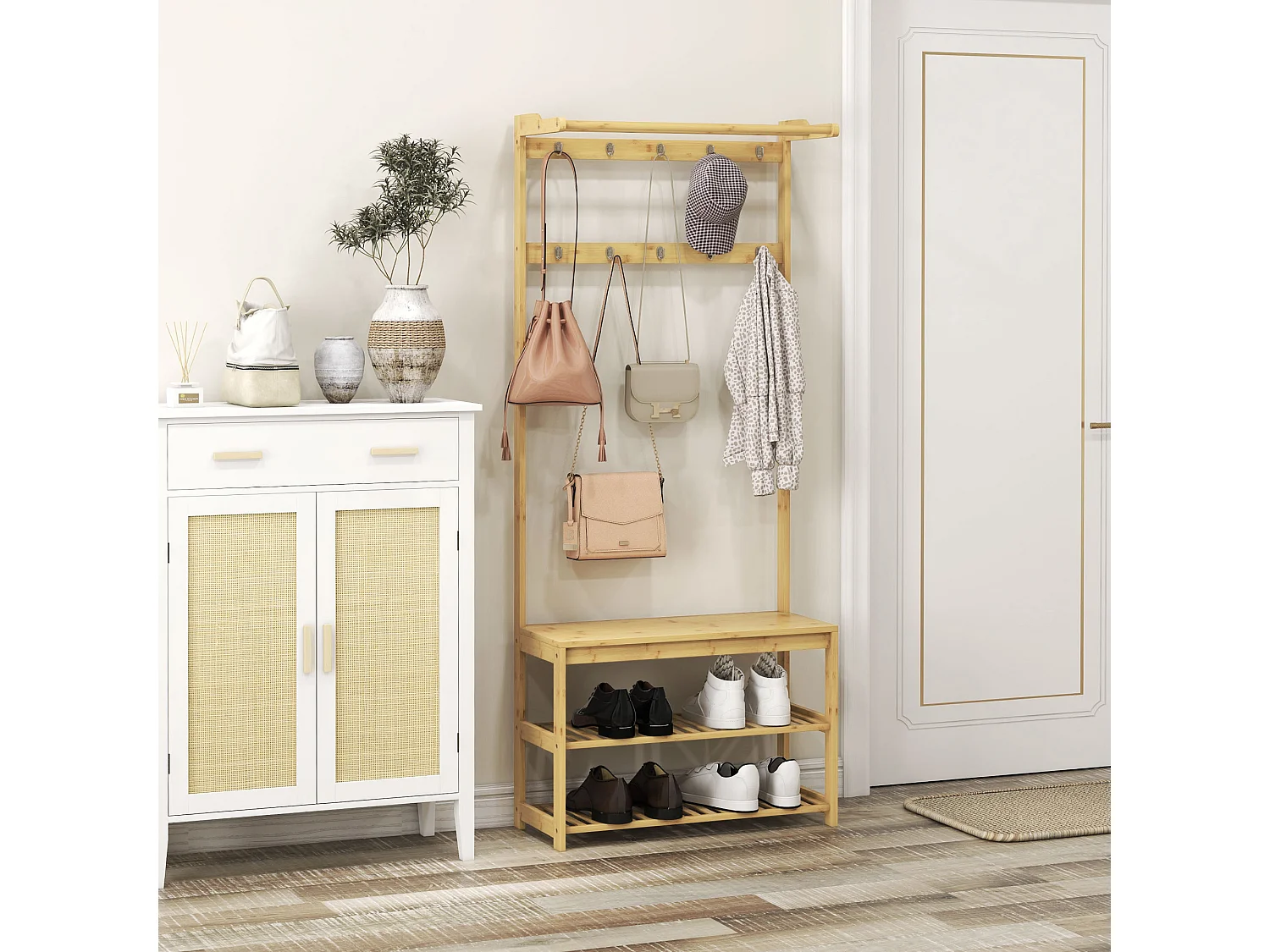 Mobile appendiabiti in bambù con 10 ganci 2 aste e panca scarpiera