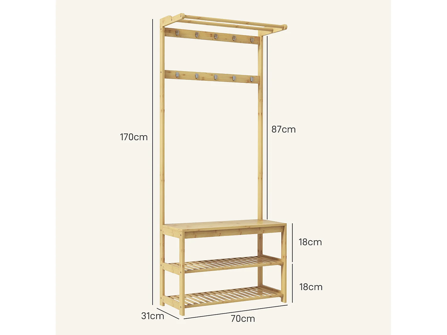 Mobile appendiabiti in bambù con 10 ganci 2 aste e panca scarpiera